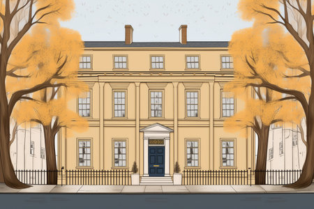 an entrance shot of the five-bay georgian facade with lined trees, magazine style illustration, created with generative aiの素材