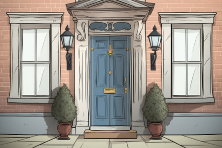 vertical close-up shot of a georgian door in a five-bay facade, magazine style illustration, created with generative aiの素材