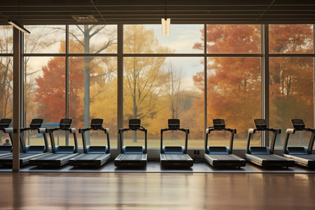 a row of treadmills facing a large window, created with generative aiの素材