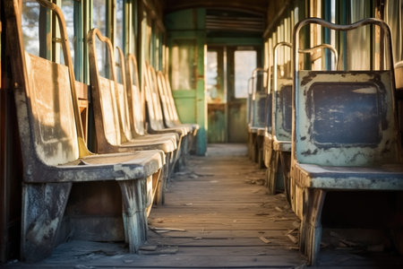 weathered wooden tram seats in soft light, created with generative aiの素材