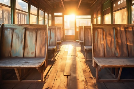 weathered wooden tram seats in soft light, created with generative aiの素材