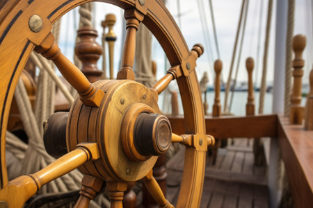 close up of the wooden steering wheel on a replica sailing ship, created with generative aiの素材