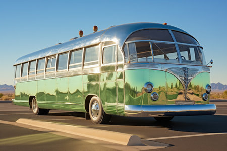 mint-green mid-century bus with chrome detailing under sunlight, created with generative aiの素材