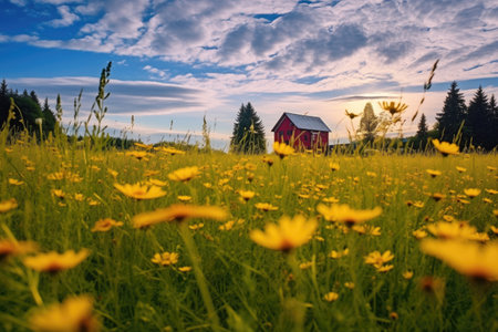 an old yellow school bus parked in a field of wildflowers, created with generative aiの素材