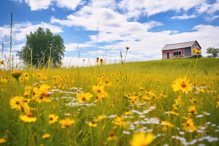 an old yellow school bus parked in a field of wildflowers, created with generative aiの素材