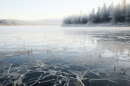 crisp detailed shot of freshly frozen lake surface, created with generative aiの素材