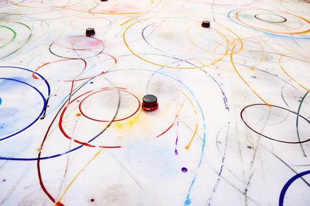 multiple colored lines and circles drawn on ice for a hockey game, created with generative aiの素材