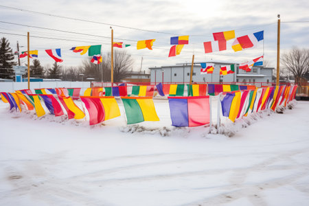 brightly colored flags decorating the outer perimeter of an ice rink, created with generative aiの素材