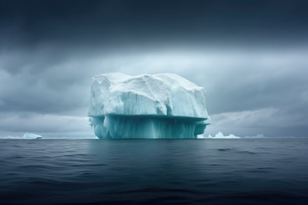 large iceberg floating in open sea under a precipitating sky, created with generative aiの素材
