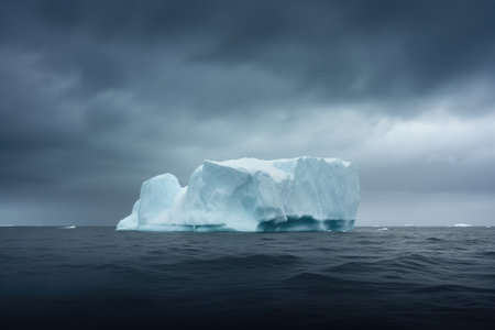 large iceberg floating in open sea under a precipitating sky, created with generative aiの素材