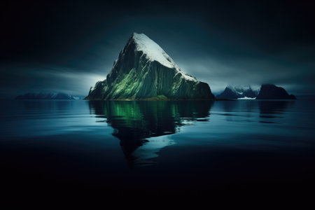 contrast of a dark mountain and a bright floating iceberg, created with generative aiの素材