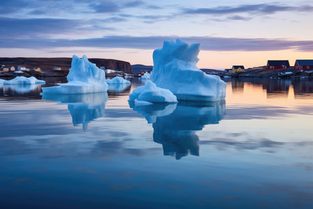an array of small icebergs on the calm water at dawn, created with generative aiの素材