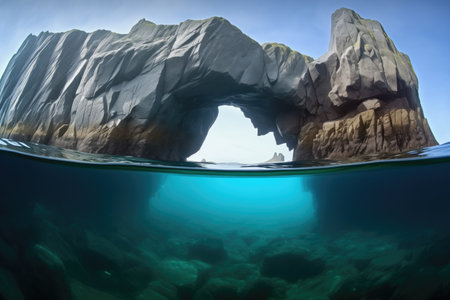 iceberg with natural arch formation, visible through crystal clear water, created with generative aiの素材
