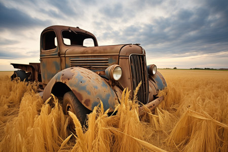 a rusted military truck from world war ii in a field, created with generative aiの素材