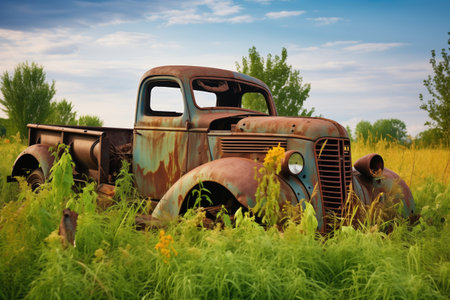 a rusted military truck from world war ii in a field, created with generative aiの素材