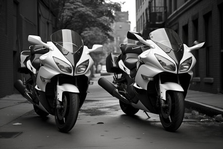 two female-centric motorcycles parked side by side, one black, one white, created with generative aiの素材