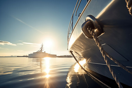 sunlight shining on a shiny anchor of a luxury yacht, created with generative aiの素材