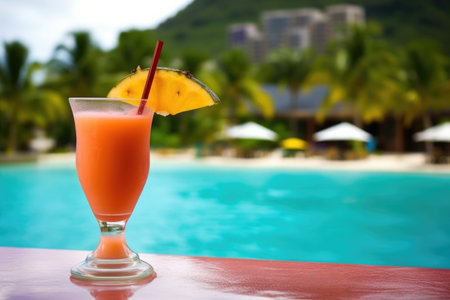 tropical cocktail with a resort backdrop, created with generative aiの素材
