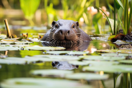 a beaver chewing on water lilies, created with generative aiの素材