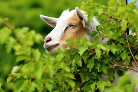 a goat chowing down on a shrub, created with generative aiの素材