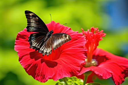 butterfly taking nectar from a red hibiscus flower, created with generative aiの素材