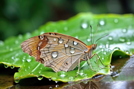 butterfly resting on a damp leaf after a rain, created with generative aiの素材