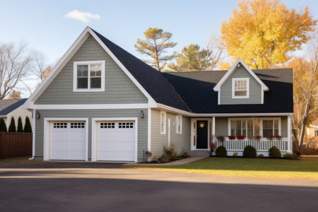 cape cod style house with a side gable roof and an attached garage, created with generative aiの素材