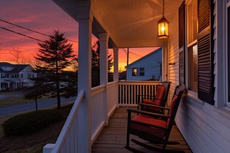 front porch of a cape cod home lit by sunset, created with generative aiの素材