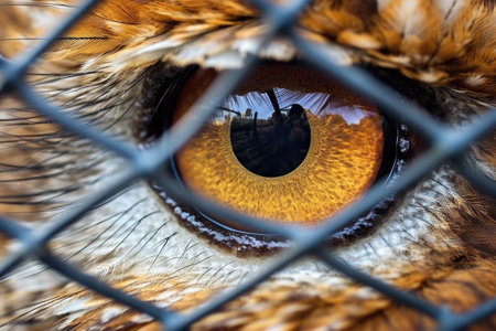 close-up of an owls eye beyond the cage bars, created with generative aiの素材