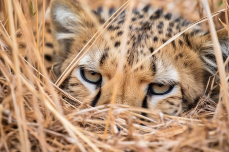zoomed in shot of cheetah spots while animal rests, created with generative aiの素材