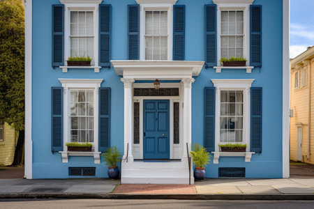 colonial building with a prominent blue front door, created with generative aiの素材