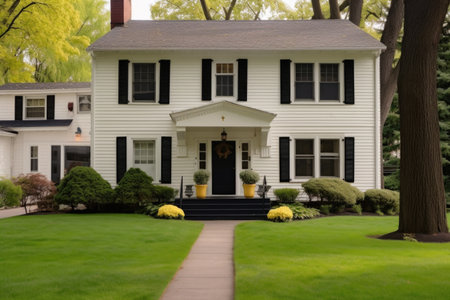 cream painted colonial house with a black central front door, created with generative aiの素材