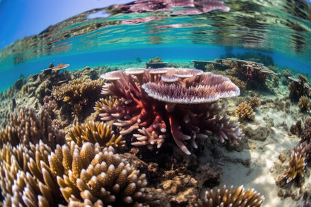 close-up of coral polyps on a coral reef near an island, created with generative aiの素材