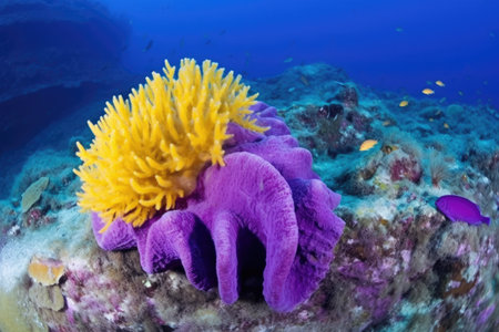 bright purple and yellow sea sponge attached to coral, created with generative aiの素材