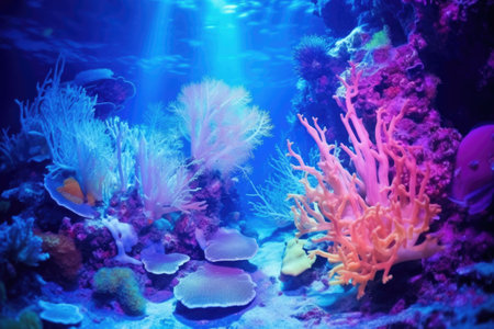 neon-coloured coral glow under a uv light underwater, created with generative aiの素材