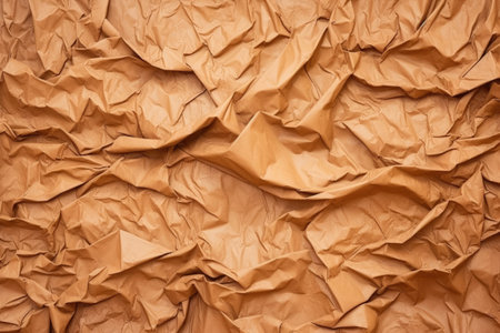 close-up view of crumpled brown paper, created with generative aiの素材