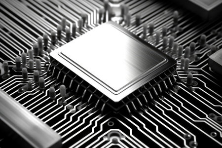 black and white close-up of a silicon computer chip, created with generative aiの素材