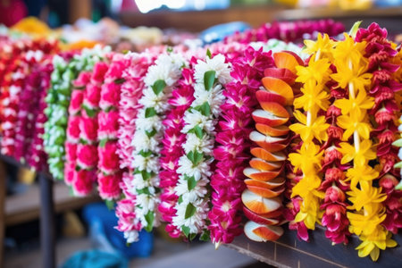colorful tropical flower garland known as a lei, created with generative aiの素材