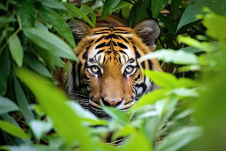 a malayan tiger lurking in a dense southeast asian jungle, created with generative aiの素材
