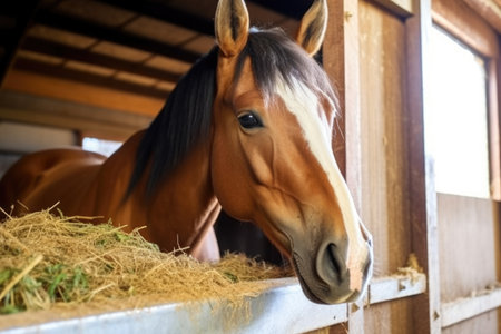 a horse eating hay from a feeder in a stall, created with generative aiの素材
