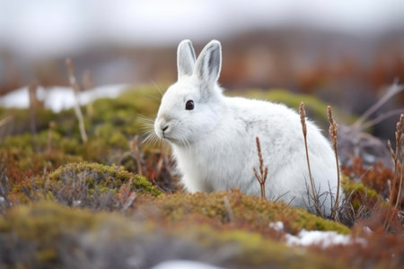 arctic hare chewing on some grass on a tundra landscape, created with generative aiの素材