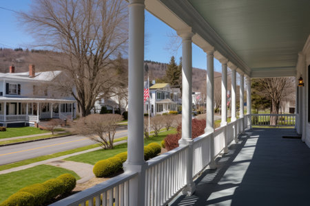 panoramic view of a series of greek revival houses with large front porches, created with generative aiの素材
