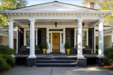 greek revival home entrance with a long porch and decorative door, created with generative aiの素材