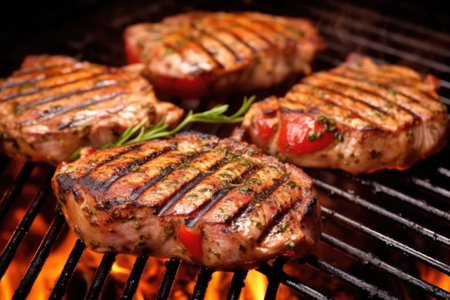 close-up of a grilled chops with grill marks, created with generative aiの素材