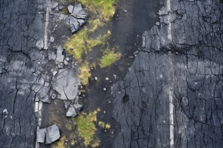 crumbled asphalt road with tire tracks, created with generative aiの素材