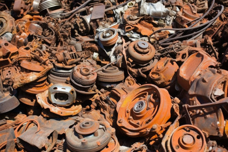 a pile of rusted car parts stacked haphazardly, created with generative aiの素材