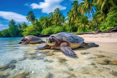 large sea turtles on tropical island beach, created with generative aiの素材