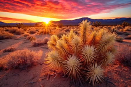 a vivid sunset illuminating a desert cactus, created with generative aiの素材
