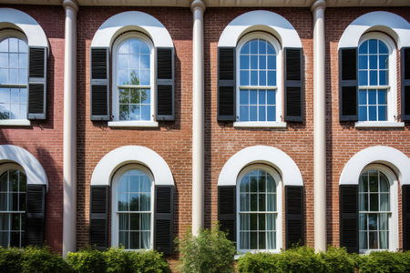 tall rounded windows on a brick italianate structure, created with generative aiの素材