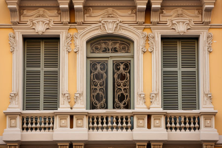 close-up of ornate details on an italianate window, created with generative aiの素材